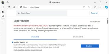 Microsoft Edge flags page showing the WebNN API enabled